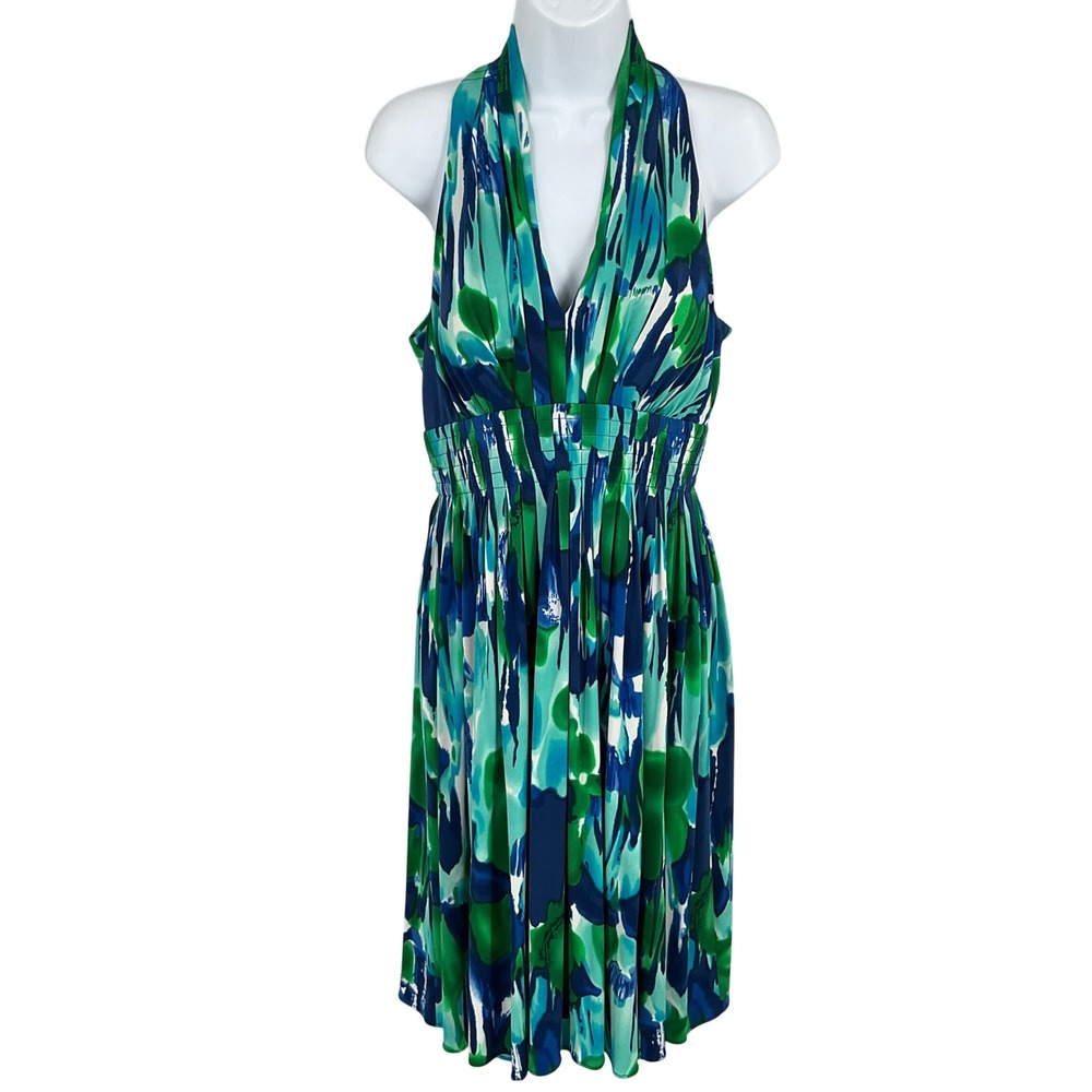 Calvin Klein Halter‎ Dress Womens 10 Blue Abstract Smocked Waist Wedding Guest